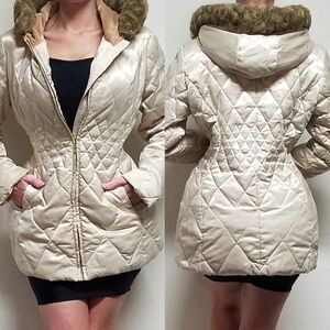 VINTAGE 90s Liz Claiborne Pearl Faux Fur Fleece Lined Hooded Down Parka Jacket L